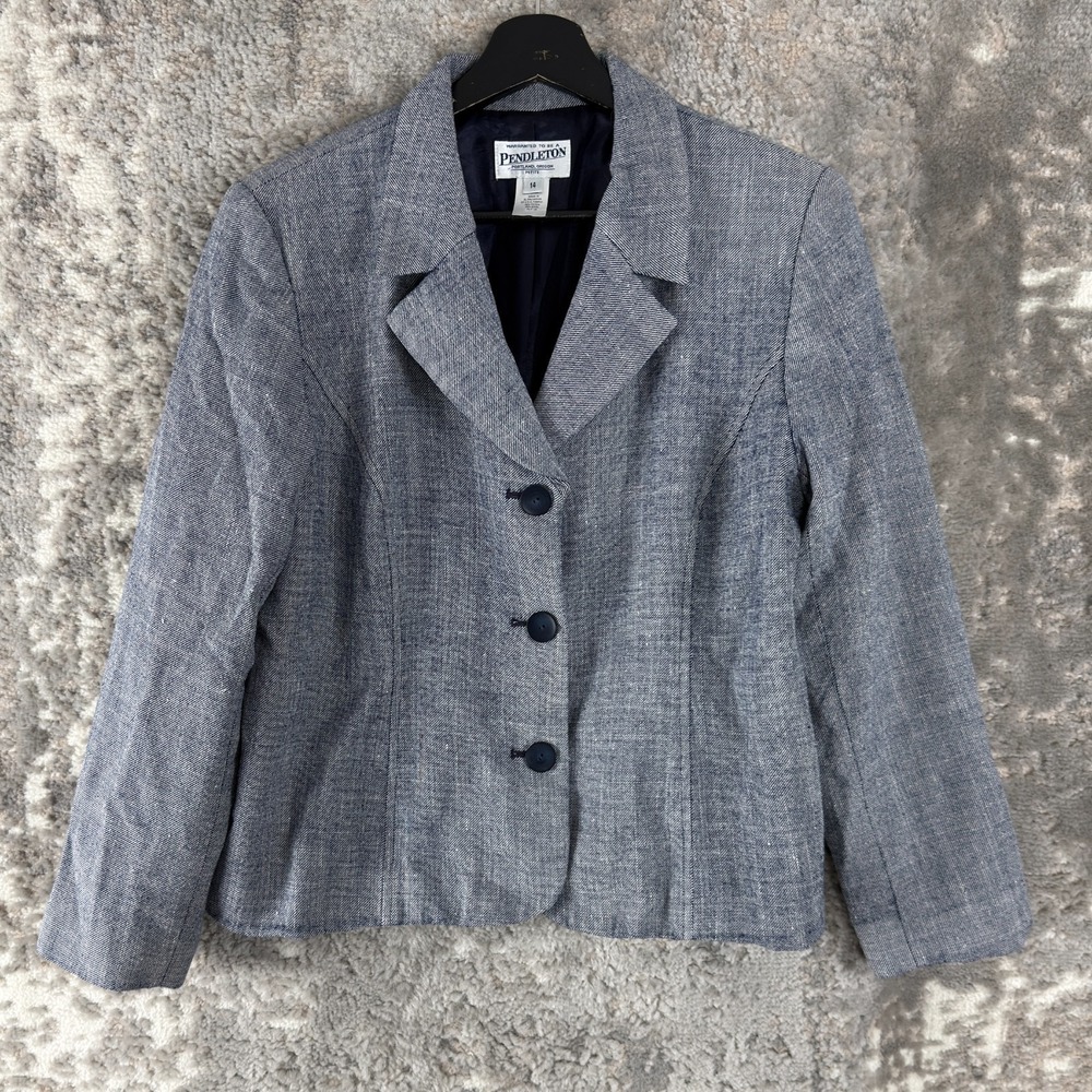 Pendleton Petite Sz 14P Wool Silk Notched Career Blazer Jacket Gray Long Sleeve